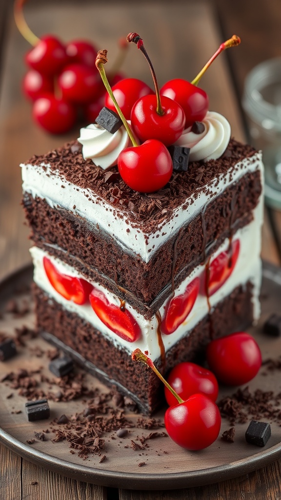 A slice of Black Forest Cake with chocolate layers, whipped cream, and cherries, displayed on a rustic table.